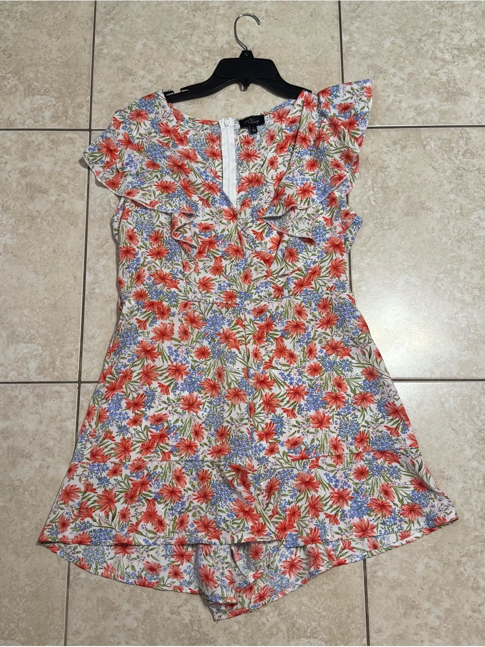 Floral Ruffle Mini Dress Romper - White with Red & Blue Floral